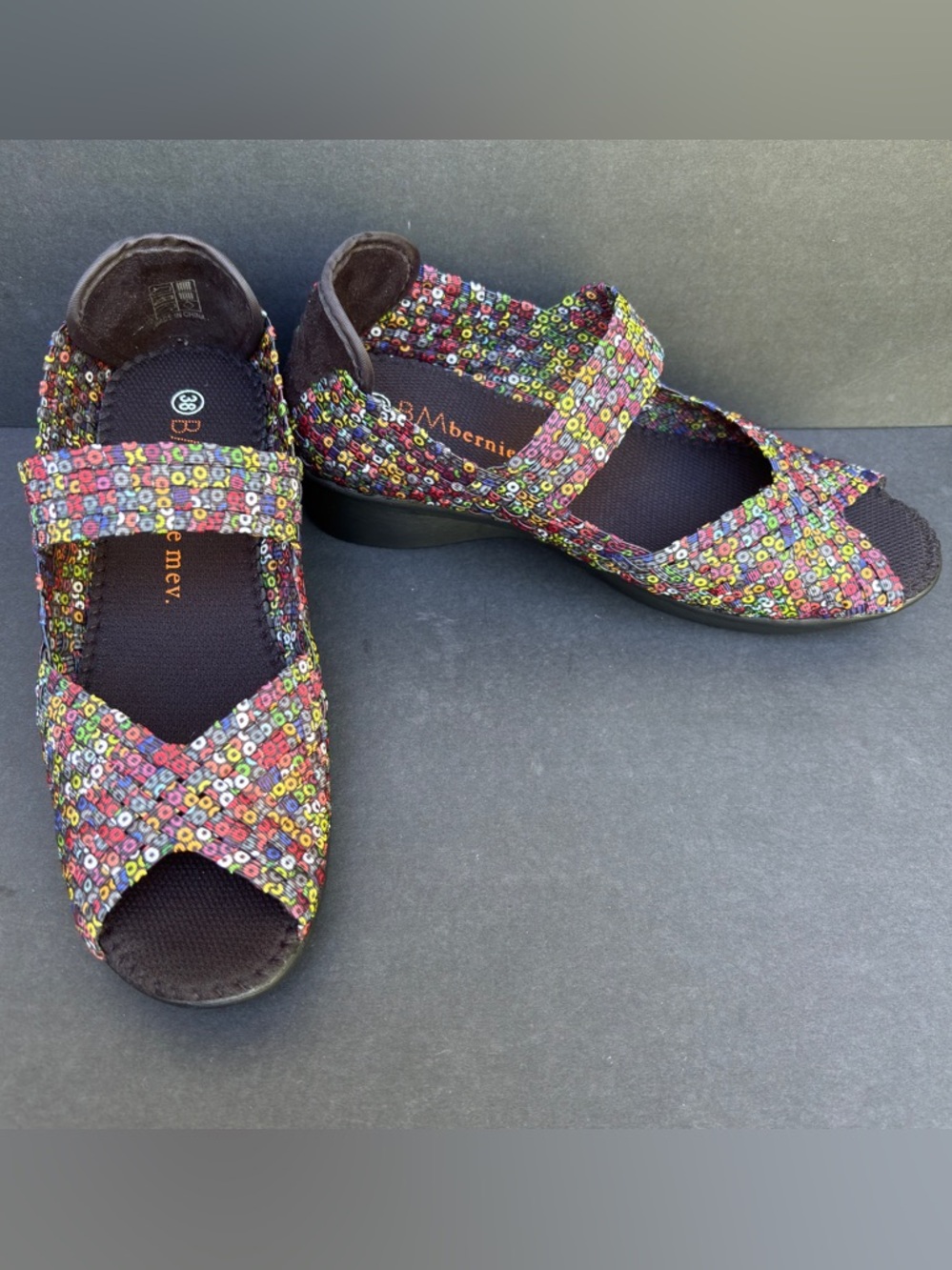 Bernie Mev Sandals Peep Toe Mary Jane Colorful Boho Hippie Festival  US 7 UK 38
